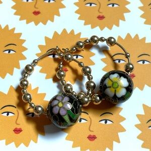 Vintage cloisonné & goldtone bead hoop earrings